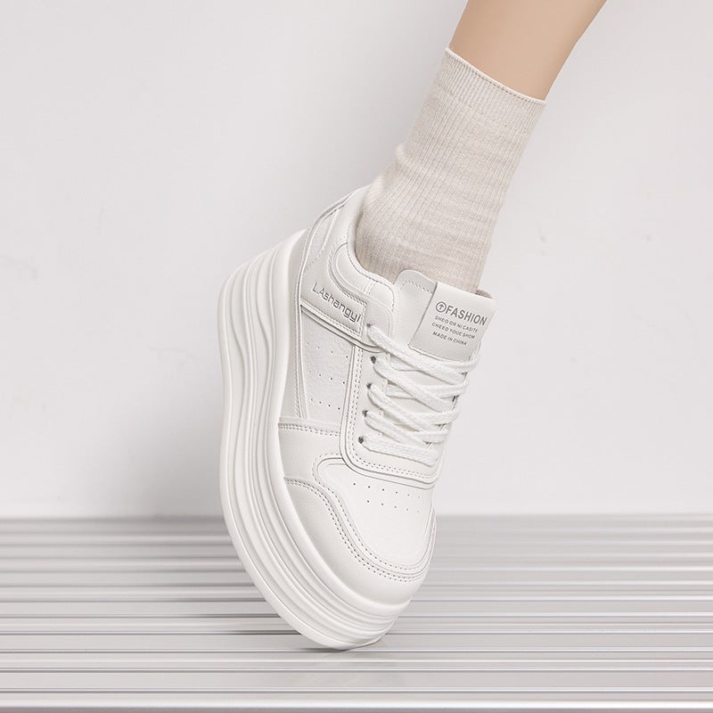 Women's White Chunky Platform Sneakers 8cm Height Increasing Casual Shoes - Image 3