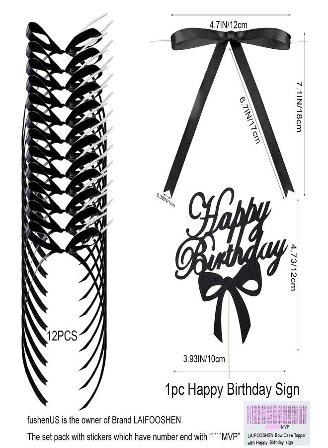 LAIFOOSHEN Bow Cake Topper, 12 PCS Black Vintage Ribbon Cake Topper with 1PC Happy Birthday Cake Toppers Sign for Coquette Birthday Party Decorations,Black Bows for Cake Decorations Accessories for Girls Women. - Image 2