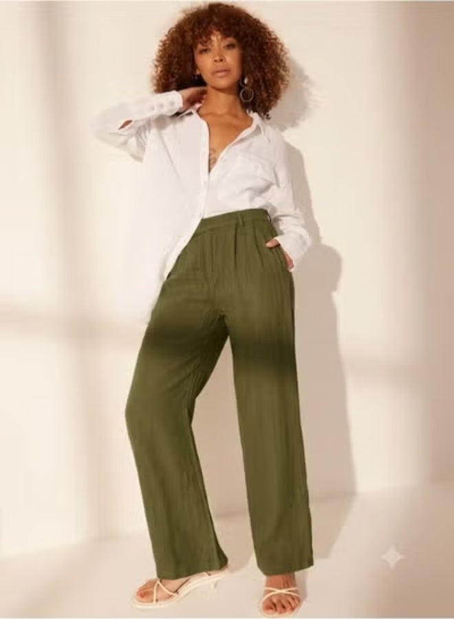 100% Linen Pleated High Waist Wide Leg Trousers TWOSS24JE00245