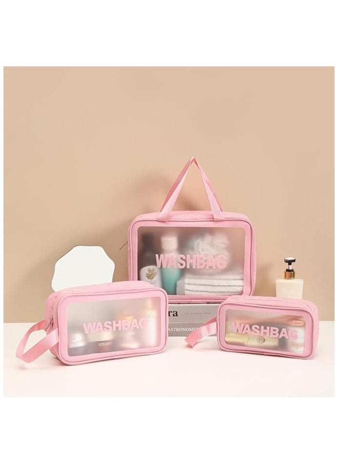 Generic - Clear Toiletry Bag 3 PCS  , Makeup Cosmetic Bag, Transparent Travel Wash Bag for Women and Girls - Pink. - Image 1
