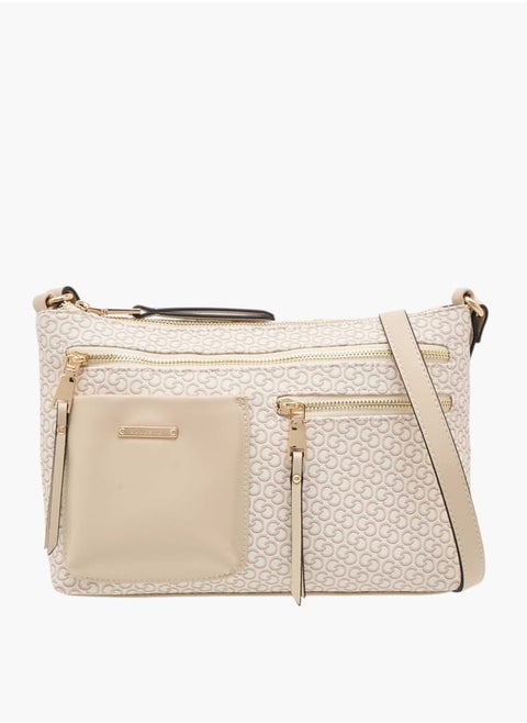 Women Monogram Print Crossbody Bag with Adjustable Strap and Zip Closure