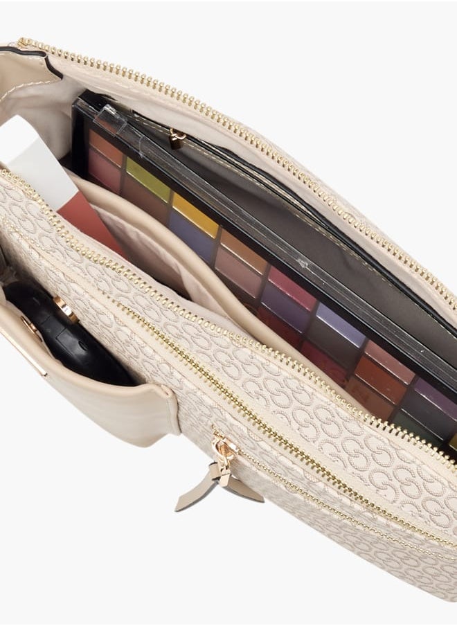 Women Monogram Print Crossbody Bag with Adjustable Strap and Zip Closure