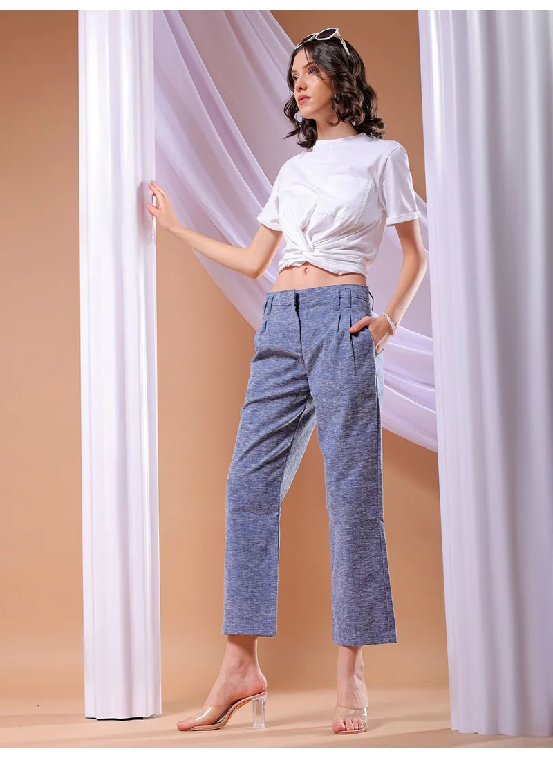 مرفوعة Navy Women Straight Fit Casual Solid Regular Pleated Trousers