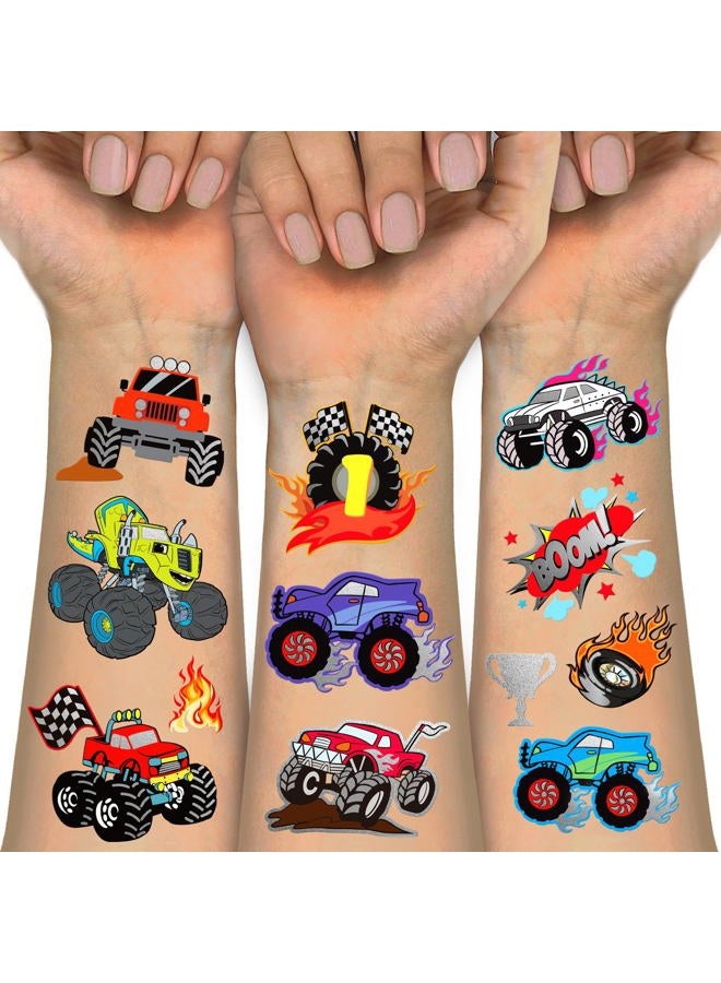 Metuu Temporary Tattoos for Kids, 75 PCS Truck Tattoos for Hot Wheel Birthday Party Decoration Favor, Metallic Tattoos, Monster Truck, Car Racing, Checkered Flag, Flames Tattoo for Boys Girls - Image 1