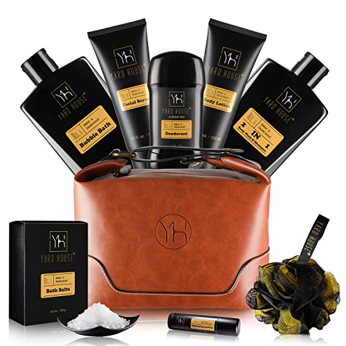 YARD HOUSE Bath and Body Gift Set for Men  Sandalwood Amber  Birthday Christmas Fathers Day Gifts From Wife Daughter Son for Husband Dad  Relax Spa Kit w Full Size Items in Deluxe Toiletry Bag