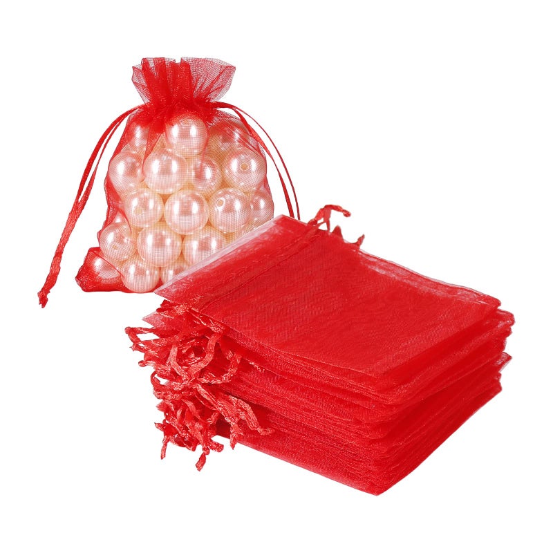 HRX Package 100pcs Little Red Organza Bags 3 x 4 inch, Mesh Jewelry Pouches Drawstring Empty Sachets for Bracelets Candy Small Gift - Image 1