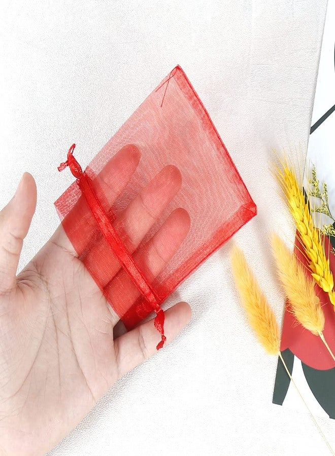 HRX Package 100pcs Little Red Organza Bags 3 x 4 inch, Mesh Jewelry Pouches Drawstring Empty Sachets for Bracelets Candy Small Gift - Image 2