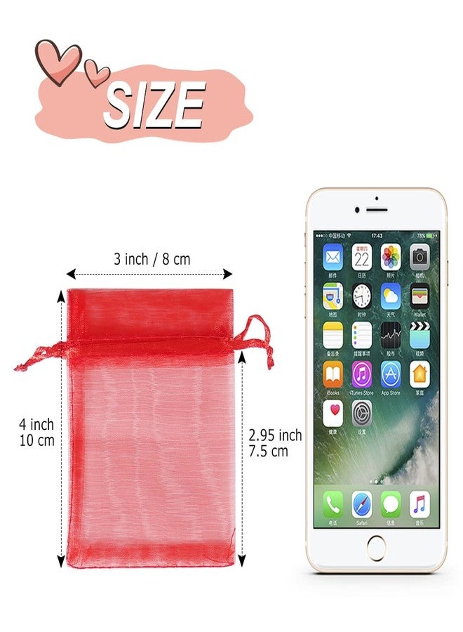 HRX Package 100pcs Little Red Organza Bags 3 x 4 inch, Mesh Jewelry Pouches Drawstring Empty Sachets for Bracelets Candy Small Gift - Image 3
