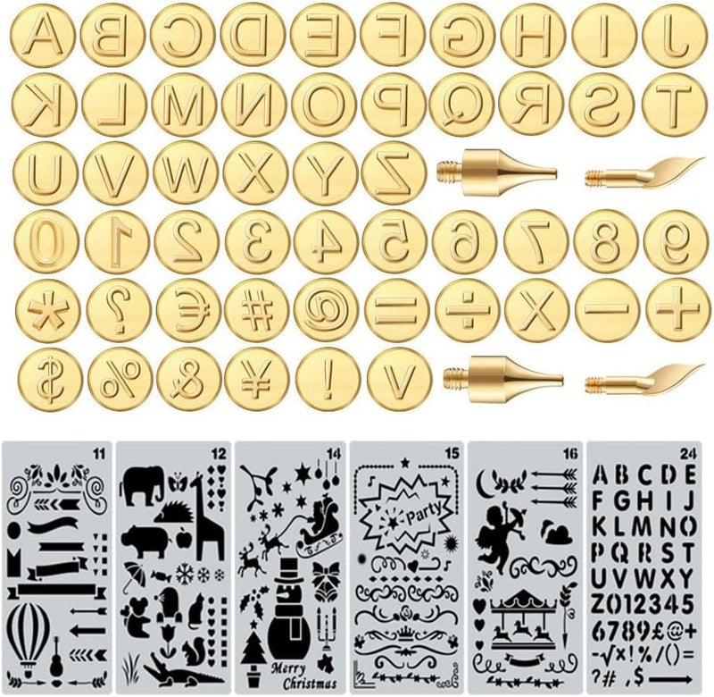 Ryoma Wood Burning Tips Letters Uppercase Alphabet Number Symbol Branding and Personalization Set (Include 38 Numbers 18 Symbol and 6 Stencils) - Image 1