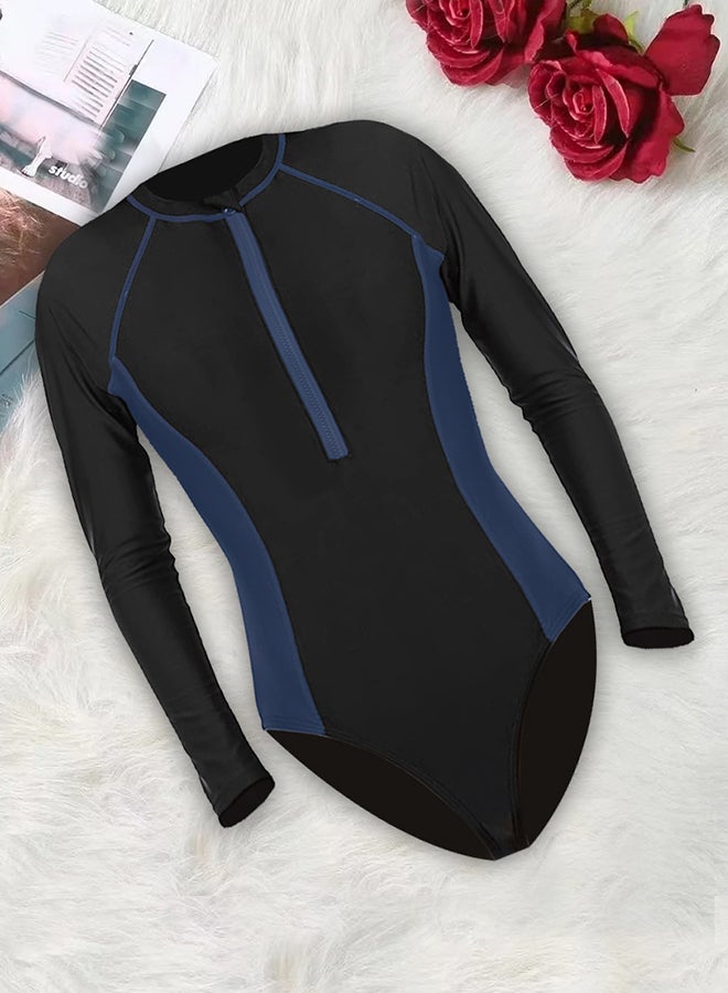 MARGOUN Small Size Surf suit for women long sleeve rash guard women's surf suit one piece swimsuit tight front zip top striped swimming shirts wetsuits Blue / S (Bust 81-86/Waist 61-66/Hip 86-91) - Image 1