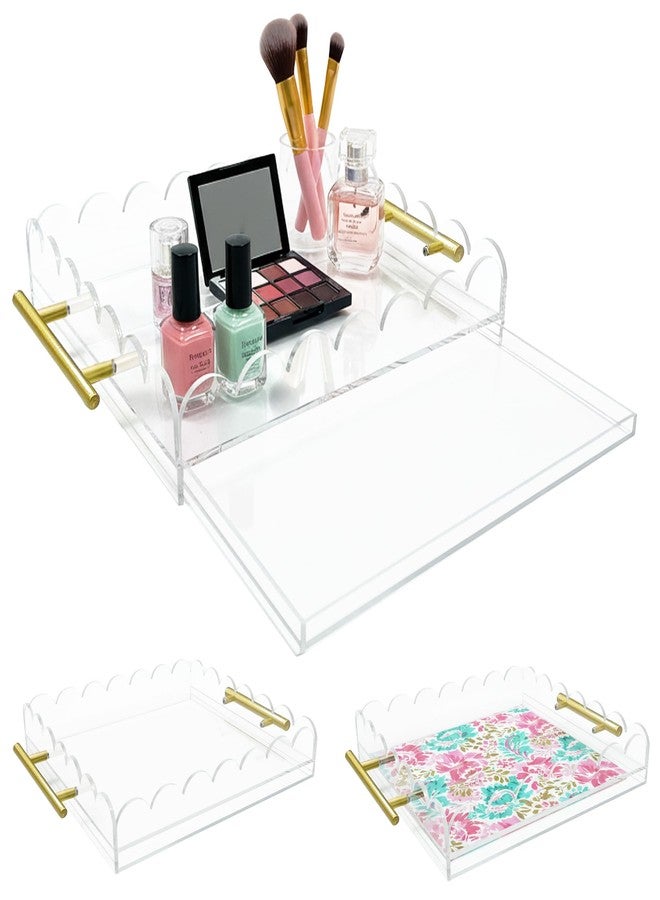 VERSSURE Scalloped Acrylic Tray with Metal Handles,12" x 12" Clear Acrylic Display Tray with Pull-Out Drawer for Photos, Art Prints, Postcards, Decorative Organizer Trays for Vanity,Home,Office - Image 1