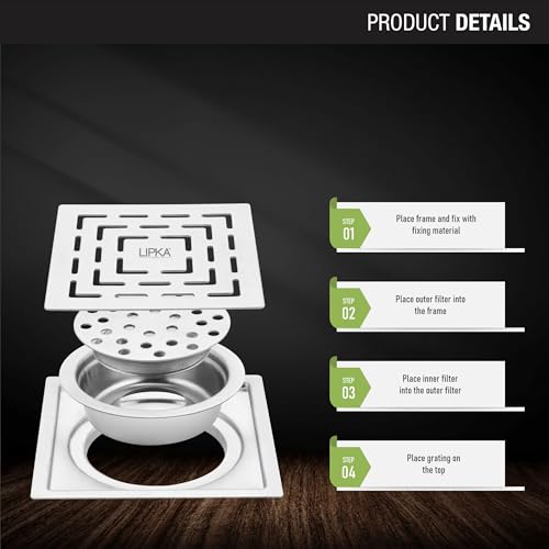 LIPKA Orange Exclusive Square Flat Cut Floor Drain | 6 x 6 Inches | 304-Grade Stainless Steel Floor Trap with Matte Finish | Drain Jali for Bathrooms with Cockroach Trap - Image 3