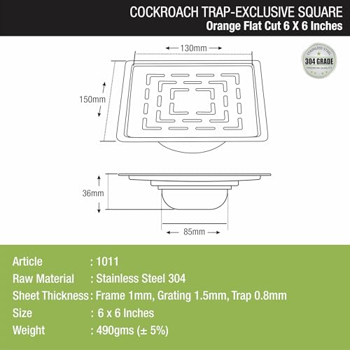 LIPKA Orange Exclusive Square Flat Cut Floor Drain | 6 x 6 Inches | 304-Grade Stainless Steel Floor Trap with Matte Finish | Drain Jali for Bathrooms with Cockroach Trap - Image 2