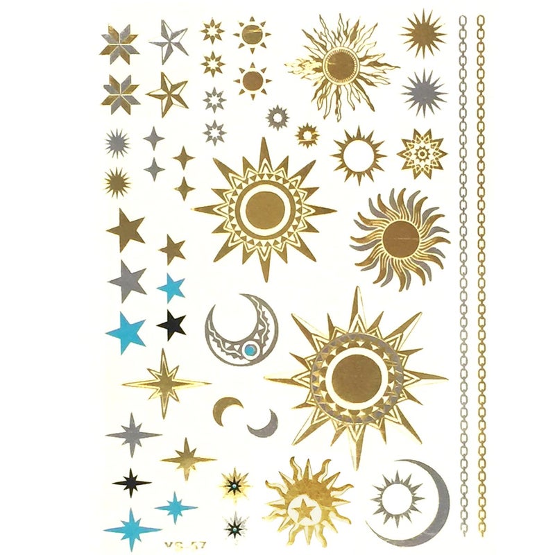 Allydrew Large Metallic Gold Silver and Black Body Art Temporary Tattoos, Sun, Moon, Stars - Image 1