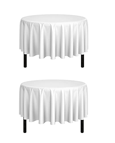 Pomp White 90 Inch Round Premium Polyester Tablecloth 2Pack  Wrinkle  Stain Resistant Easy Care Fabric  Fits Round or Circle Table