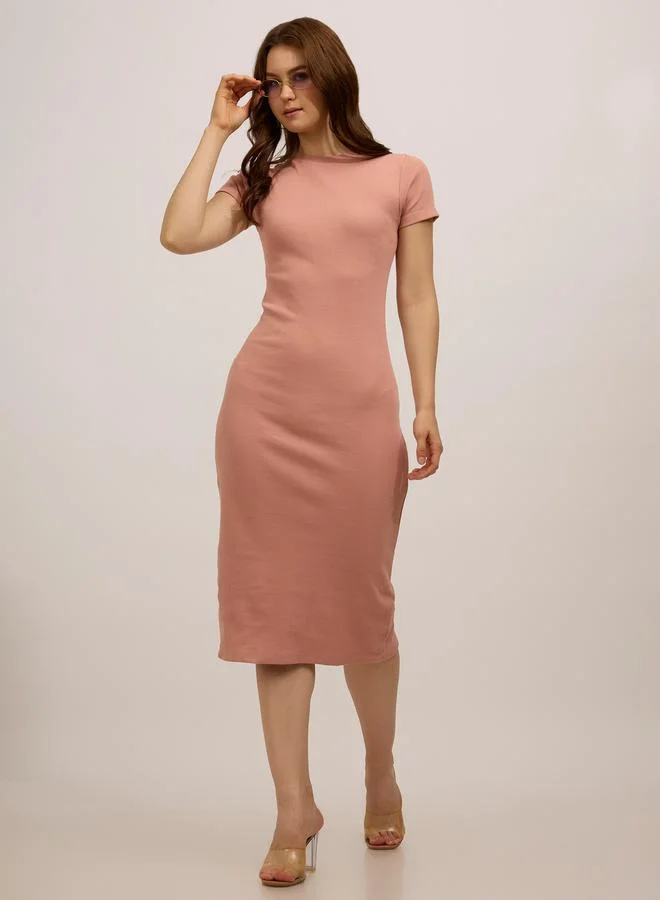 Outzidr  Peach Crew Neck Bodycon Midi Dress for Women | Best Price UAE