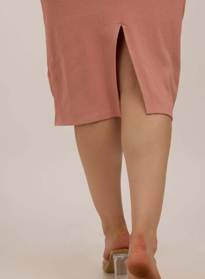 Outzidr  Peach Crew Neck Bodycon Midi Dress for Women | Best Price UAE