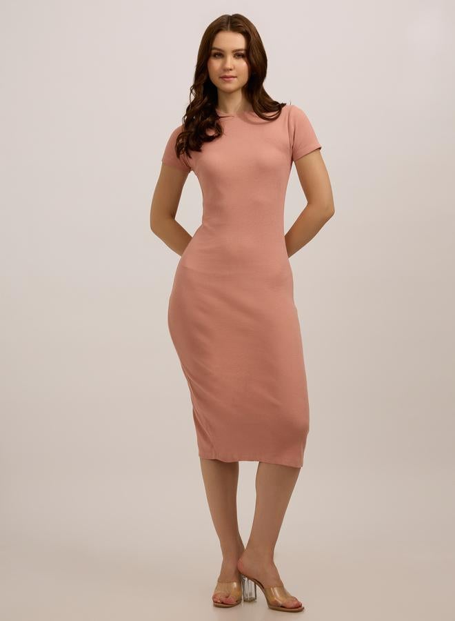 OUTZIDR Peach Crew Neck Bodycon Midi Dress - Image 1