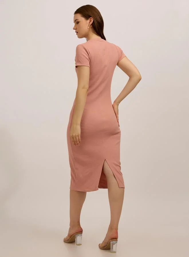 Outzidr  Peach Crew Neck Bodycon Midi Dress for Women | Best Price UAE