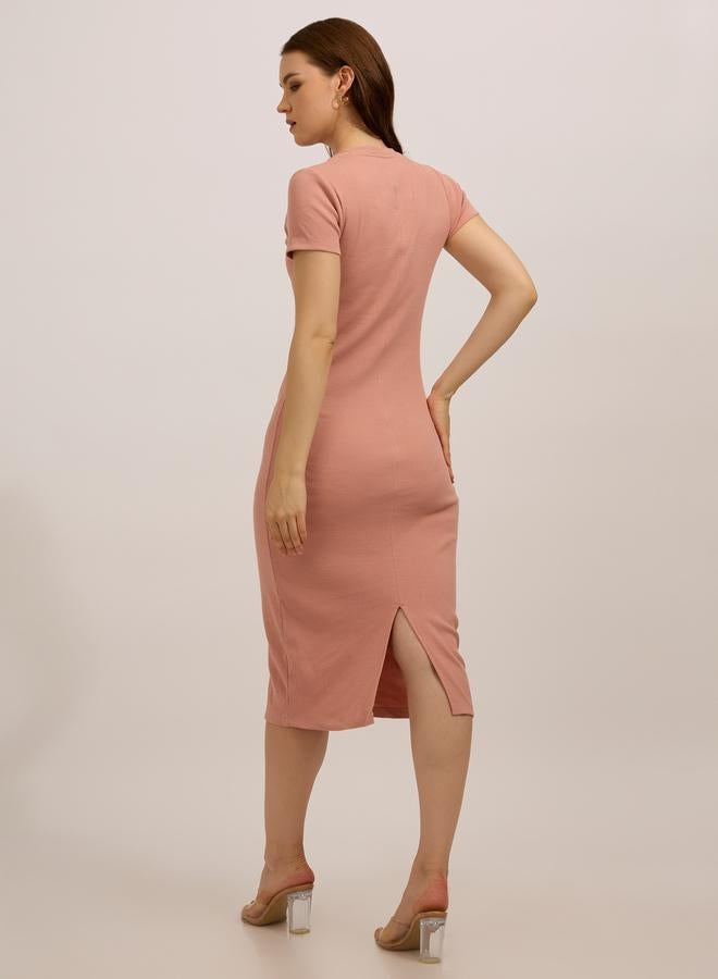 OUTZIDR Peach Crew Neck Bodycon Midi Dress - Image 4