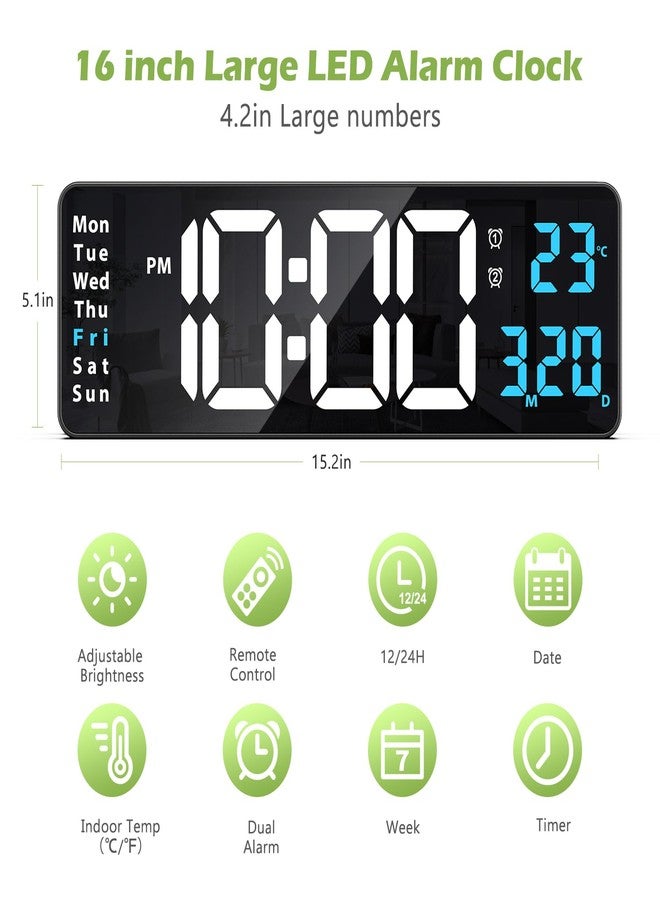 KeeKit Digital Clock, LED Wall Clock with 16" Large Display, Desktop Clock with Remote Control, Automatic Brightness Dimmer, 10 Adjustable Brightness, Suitable for Living Room - Blue - Image 3
