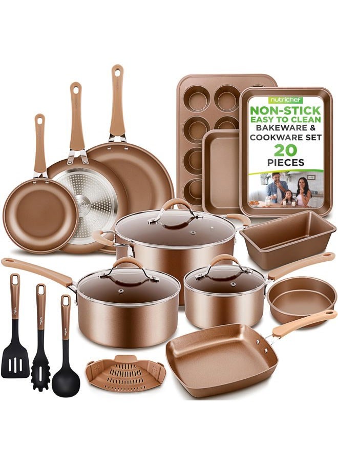 NutriChef 20-Piece Nonstick Kitchen Cookware Set - PFOA/PFOS-Free Heat Resistant Lacquer Kitchenware w/Bakeware, Frying Pans, Cooking Pots, Utensils - Image 1