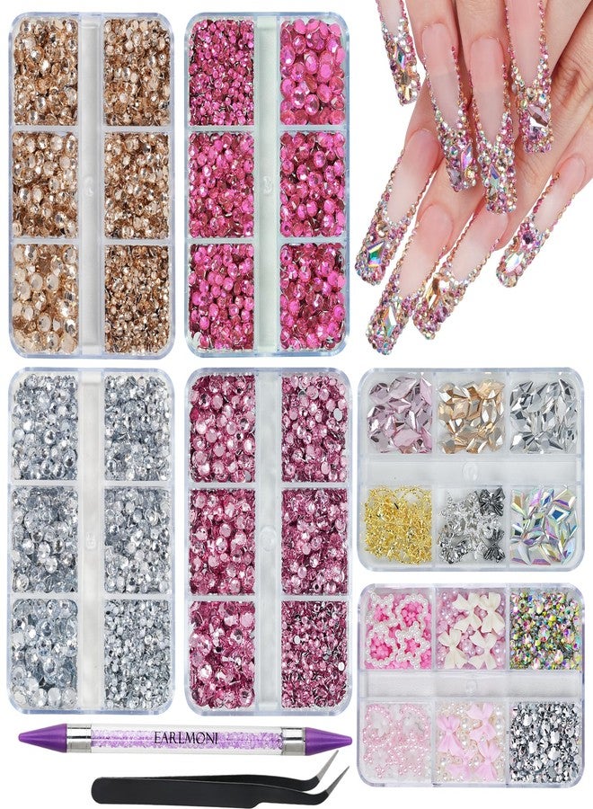 EARLMONI 12000PCS Flat Back Rhinestone Kits Pink Rhinestones Silver Face Gems Gold Nail Charms Flatback Pearls + Rhinestone Picker Tool 3D Shapes Nails Jewels for Bedazzling Face Makeup and Nail Art - Image 1
