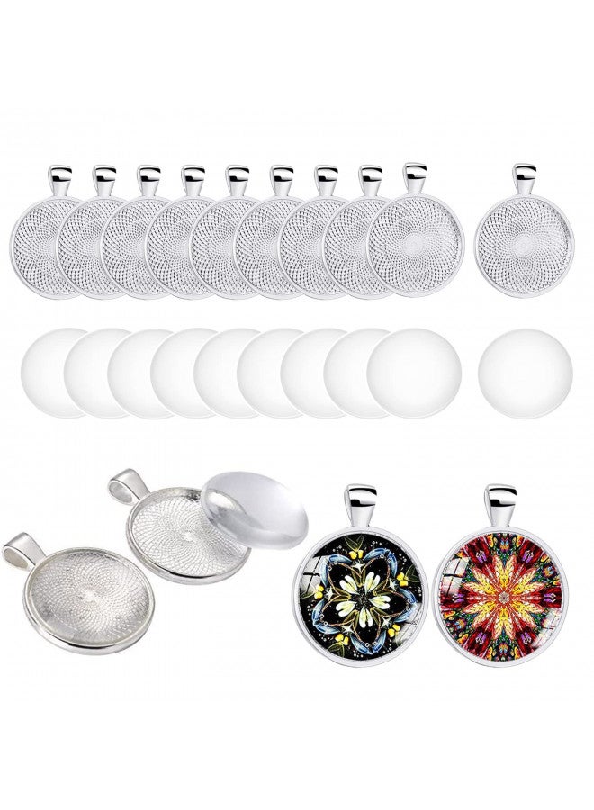 HERZWILD 20 Set Silver Plated Round Bezel with Glass Cabochons 25 mm Alloy Tray Charms Bulk Blanks Bezel Pendant Trays Set for Photo Pendant Resin Craft Jewelry Making(Silver) - Image 1