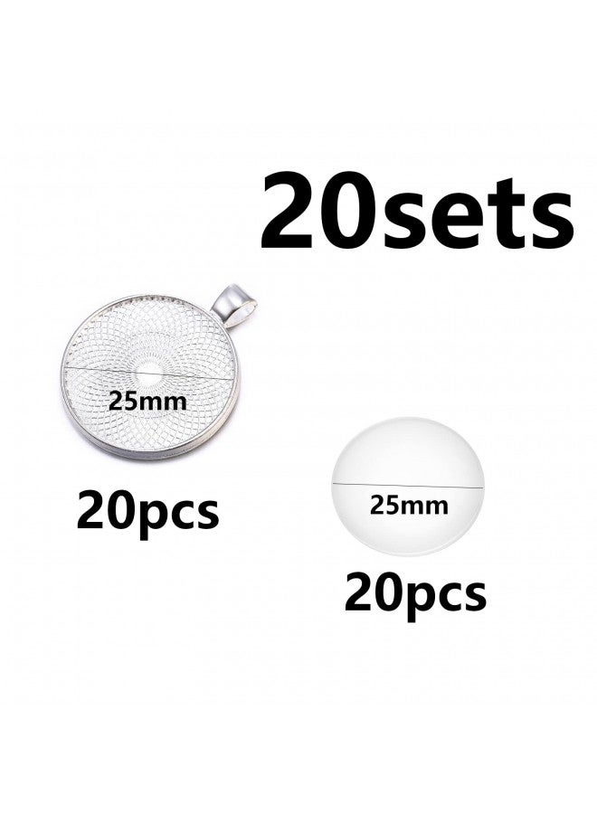 HERZWILD 20 Set Silver Plated Round Bezel with Glass Cabochons 25 mm Alloy Tray Charms Bulk Blanks Bezel Pendant Trays Set for Photo Pendant Resin Craft Jewelry Making(Silver) - Image 2