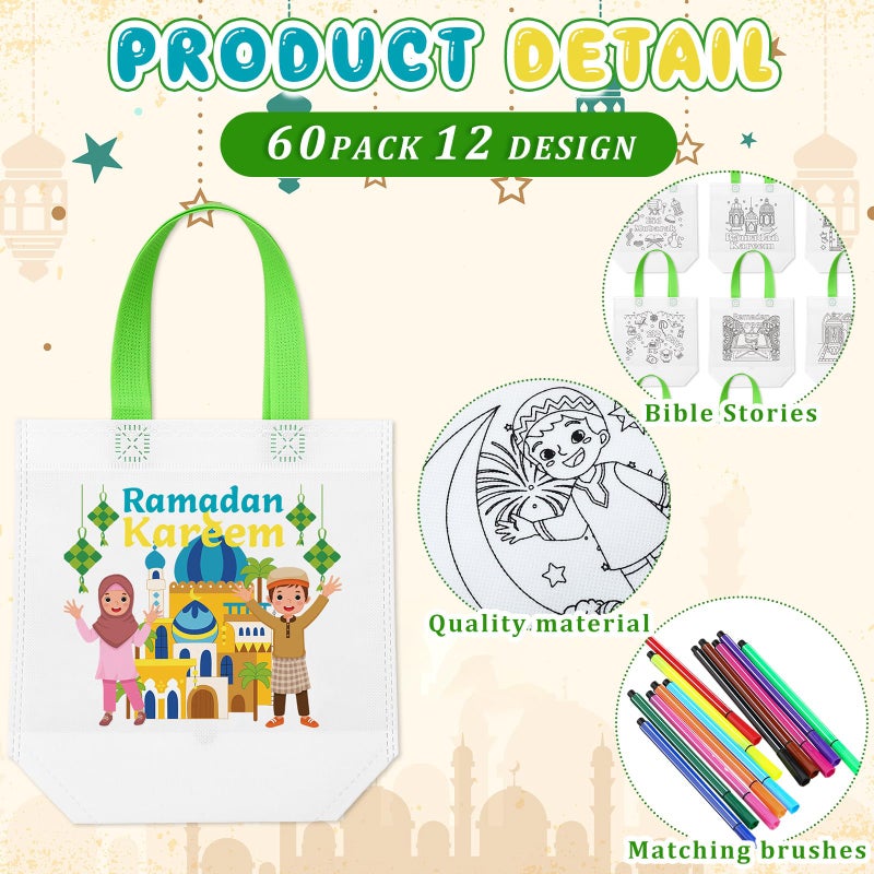 Bulyoou 60 Pack Ramadan Coloring Goodie Bags for Kids Bulk with Coloring Pens Reusable Eid Mubarak Gift Bags Ramadan Crafts for Home School DIY Activities Party Supplies, 12 Styles - Image 3