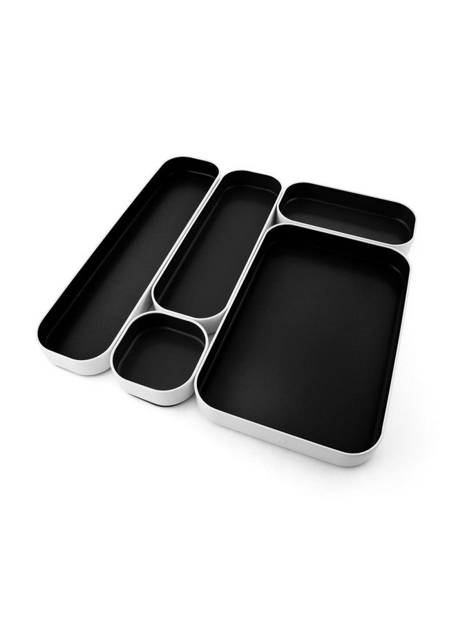 Three by Three Seattle 5 Piece Metal Organizer Tray Set for Storing Makeup, Stationery, Utensils, and More in Office Desk, Kitchen and Bathroom Drawers (1 Inch, Black) - Image 1