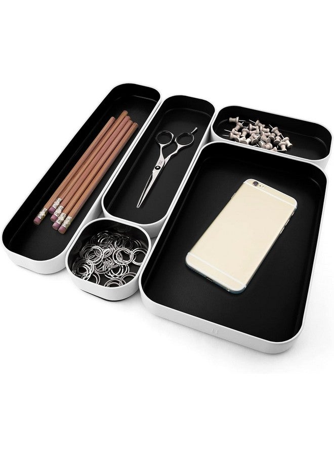 Three by Three Seattle 5 Piece Metal Organizer Tray Set for Storing Makeup, Stationery, Utensils, and More in Office Desk, Kitchen and Bathroom Drawers (1 Inch, Black) - Image 4