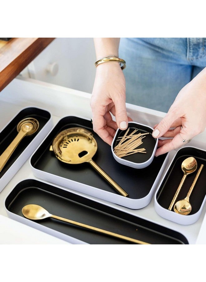 Three by Three Seattle 5 Piece Metal Organizer Tray Set for Storing Makeup, Stationery, Utensils, and More in Office Desk, Kitchen and Bathroom Drawers (1 Inch, Black) - Image 3