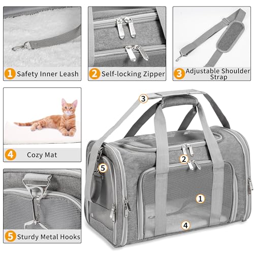 LEHNI Soft-Sided Cat/Dog/Pet Carrier, Collapsible Pets Travel Carriers for Big Cats/Small Dogs with Shoulder Strap & Removable Mat, Mesh Puppy Carry Bag, Up to 25 Lbs(Gray) - Image 4