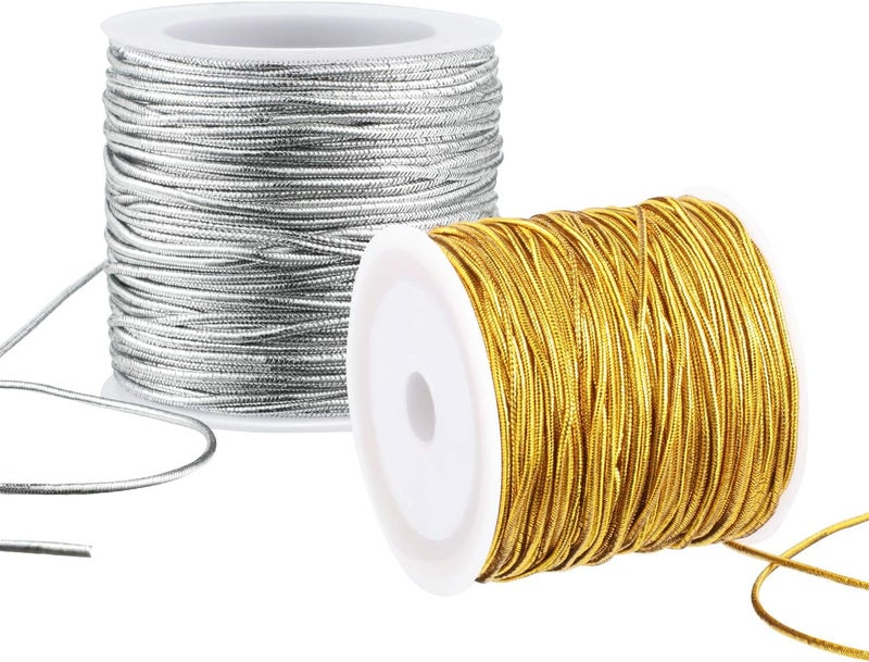 BOAO 2 Rolls Metallic Elastic Cords Stretch Cord Ribbon Metallic Tinsel Rope for Craft Making Gift Wrapping, 1 mm 55 Yards - Image 1