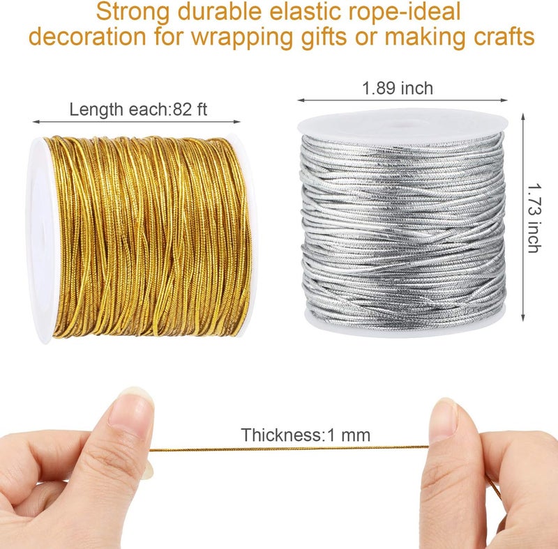 BOAO 2 Rolls Metallic Elastic Cords Stretch Cord Ribbon Metallic Tinsel Rope for Craft Making Gift Wrapping, 1 mm 55 Yards - Image 2