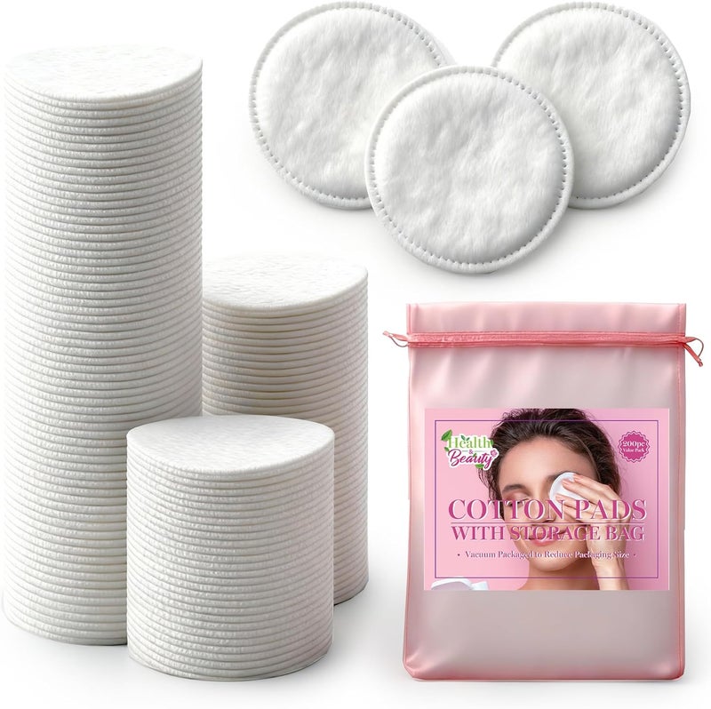SOL 200pk Cotton Pads with Organza Storage Bag Hypoallergenic Makeup Remover Pads Gentle Face Cleansing for All Skin Types Baby Care Essential Oil Diffuser Use Soft and Pure for Daily Skincare