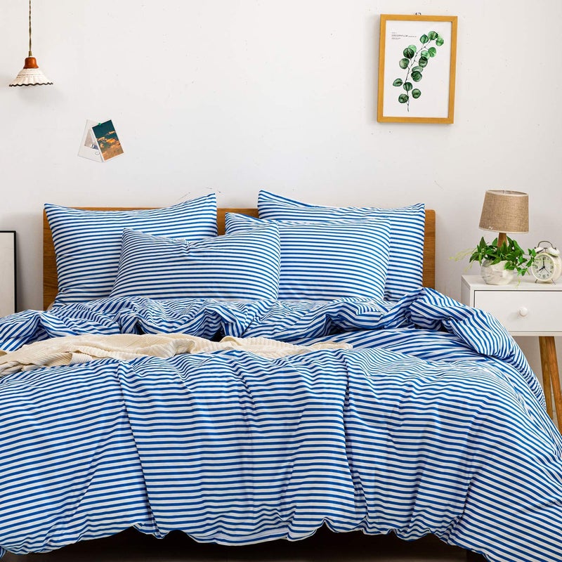 JELLYMONI 100% Natural Cotton 2pcs Striped Duvet Cover Sets,White Duvet Cover with Blue Stripes Pattern Printed Comforter Cover,with Zipper Closure & Corner Ties(Twin Size) - Image 1