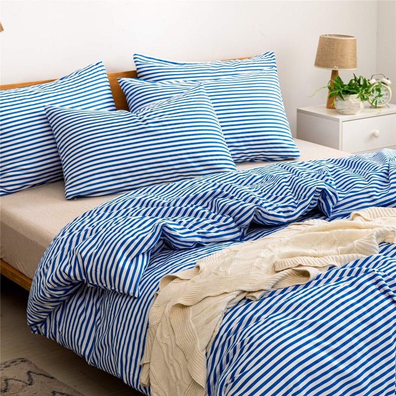 JELLYMONI 100% Natural Cotton 2pcs Striped Duvet Cover Sets,White Duvet Cover with Blue Stripes Pattern Printed Comforter Cover,with Zipper Closure & Corner Ties(Twin Size) - Image 3