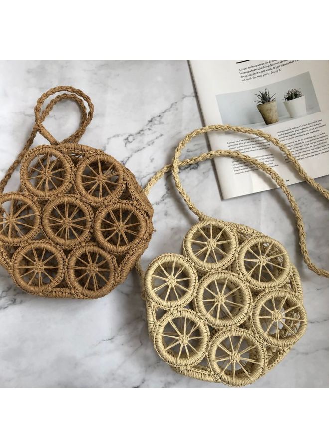 Ins Arrival Circle Hollow Paper Rope Woven Bag Crossbody Straw Woven Bag Beach Bag Casual Fashion Women's Bag-Color:Beige Unlined  - Image 2