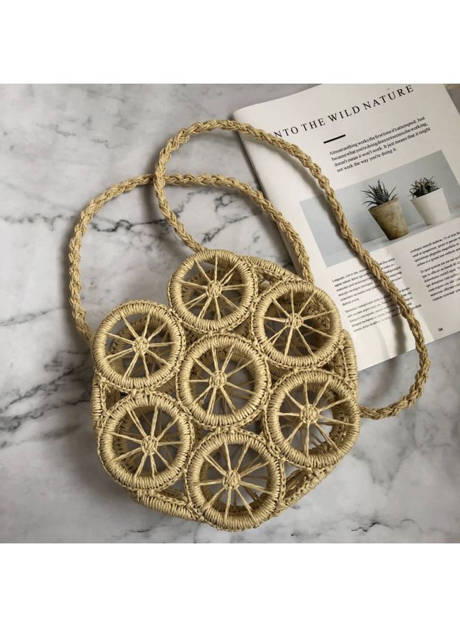 Ins Arrival Circle Hollow Paper Rope Woven Bag Crossbody Straw Woven Bag Beach Bag Casual Fashion Women's Bag-Color:Beige Unlined  - Image 4