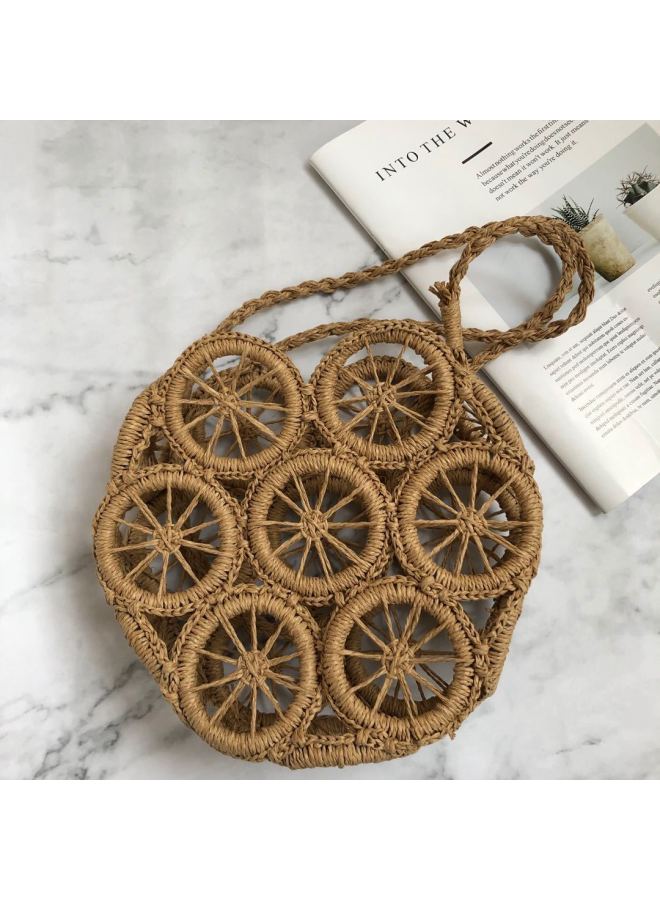 Ins Arrival Circle Hollow Paper Rope Woven Bag Crossbody Straw Woven Bag Beach Bag Casual Fashion Women's Bag-Color:Beige Unlined  - Image 5