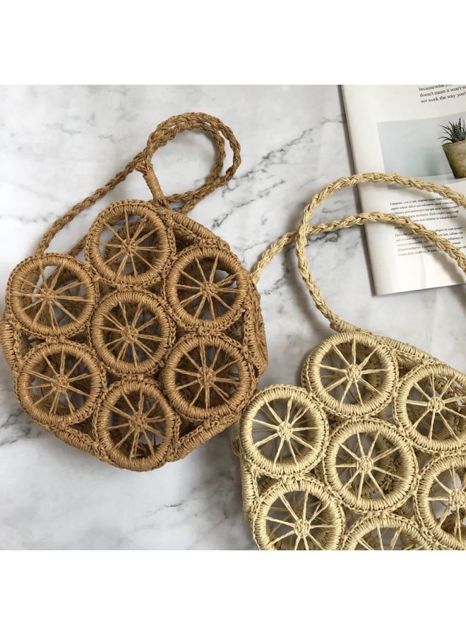 Ins Arrival Circle Hollow Paper Rope Woven Bag Crossbody Straw Woven Bag Beach Bag Casual Fashion Women's Bag-Color:Beige Unlined  - Image 3