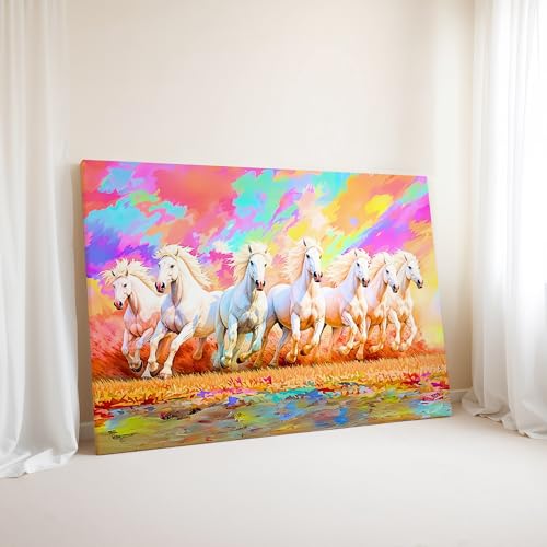 Nozvera 7 Horse Colorful Painting – Canvas Paintings for Wall Decoration | Stretched Canvas on Pine Wood Frame | 7 Horses Painting with Frame for Vastu | Wall Decor for Living Room & Bedroom - Image 1