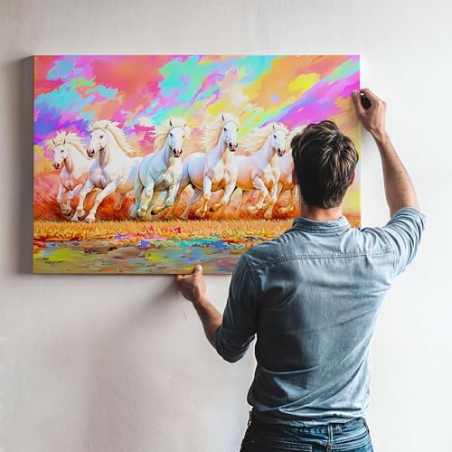 Nozvera 7 Horse Colorful Painting – Canvas Paintings for Wall Decoration | Stretched Canvas on Pine Wood Frame | 7 Horses Painting with Frame for Vastu | Wall Decor for Living Room & Bedroom - Image 2