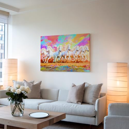 Nozvera 7 Horse Colorful Painting – Canvas Paintings for Wall Decoration | Stretched Canvas on Pine Wood Frame | 7 Horses Painting with Frame for Vastu | Wall Decor for Living Room & Bedroom - Image 3