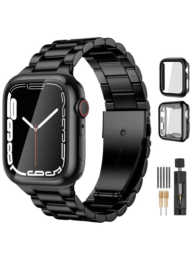 Lerobo Compatible with Apple Watch Band 42mm 44mm 45mm 49mm 41mm 40mm 38mm, Stainless Steel Metal Band for Apple with 2 Pack Screen Protective Case for Series 9 8 7 6 5 4 3-1 SE for iWatch Men Black - Image 1