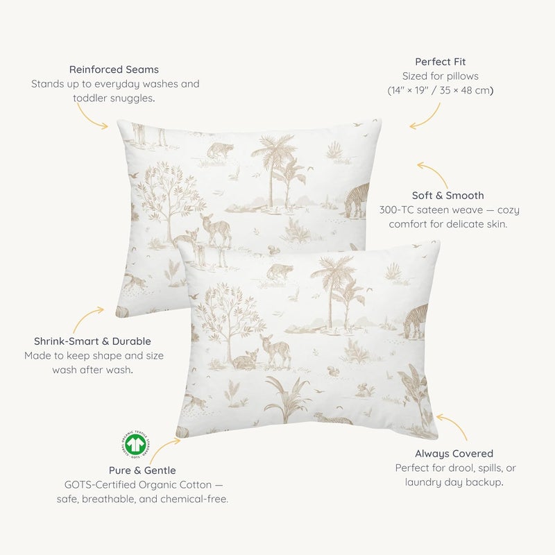 MakeMake Organics Organic Toddler Pillowcase (Set of 2) GOTS Certified Organic Cotton Pillowcase - Ultra Soft Breathable Fits 13x18 Boys Girls Neutral Unisex Animals (14"x19", Safari) - Image 2