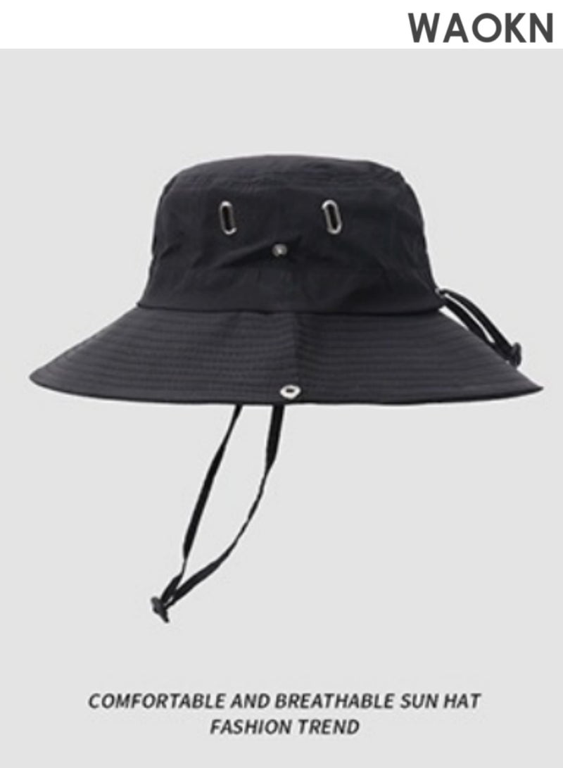 WAOKN UPF 50+ Wide Brim Sun Hat for Men & Women - Cowboy Style Bucket Hat with Neck Flap - Waterproof & Breathable Outdoor Hat for Hiking, Camping, Fishing - Adjustable Chin Strap & Foldable Design (Black, One Size Fits Most) - Image 3