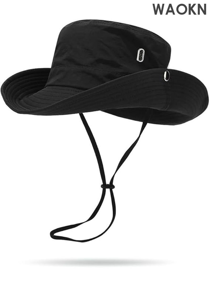 WAOKN UPF 50+ Wide Brim Sun Hat for Men & Women - Cowboy Style Bucket Hat with Neck Flap - Waterproof & Breathable Outdoor Hat for Hiking, Camping, Fishing - Adjustable Chin Strap & Foldable Design (Black, One Size Fits Most) - Image 1